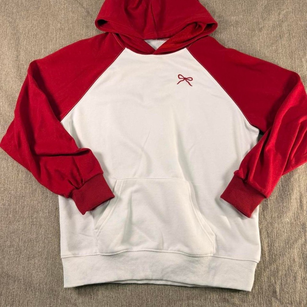 Coquette Bow Embroidered Raglan Hoodie Sweatshirt - Size M